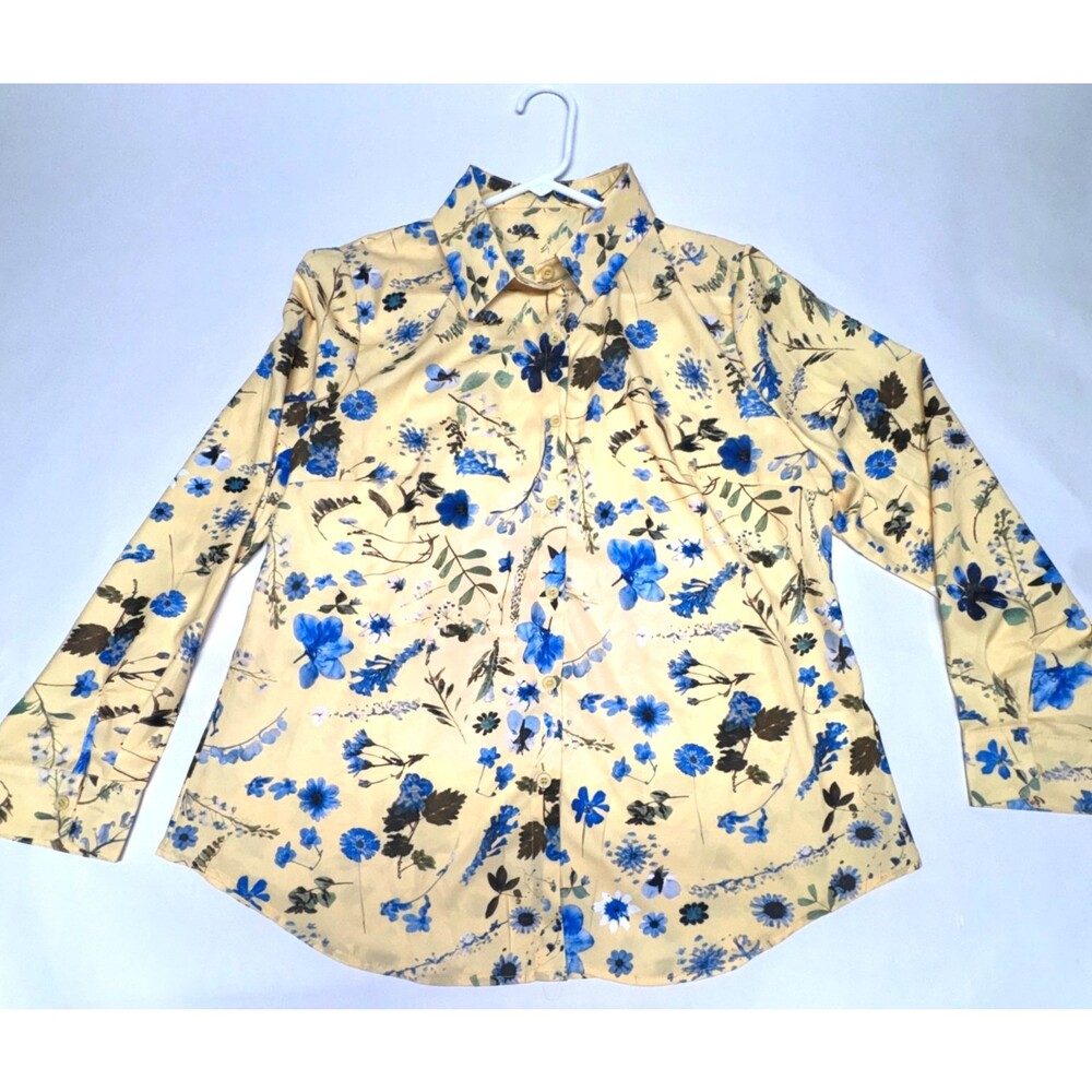 Yellow Floral Botanical Button Down Shirt Long Sleeve Cottagecore XL